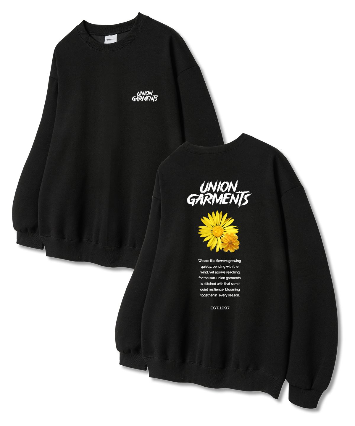 유니온가먼츠(UNION GARMENTS) 투플라워 쭈리 맨투맨 티셔츠 블랙