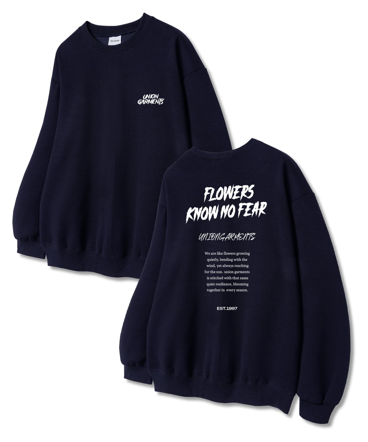 유니온가먼츠(UNION GARMENTS) 너우플라워 쭈리 맨투맨 티셔츠 네이비