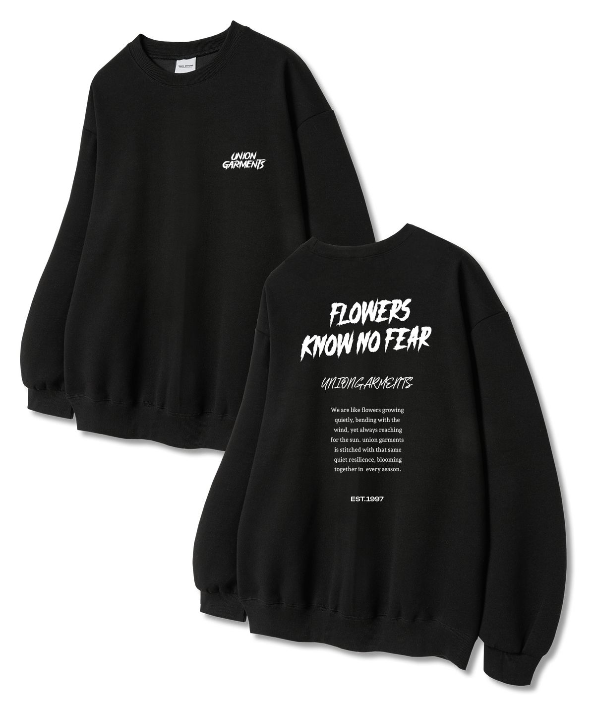 유니온가먼츠(UNION GARMENTS) 너우플라워 쭈리 맨투맨 티셔츠 블랙