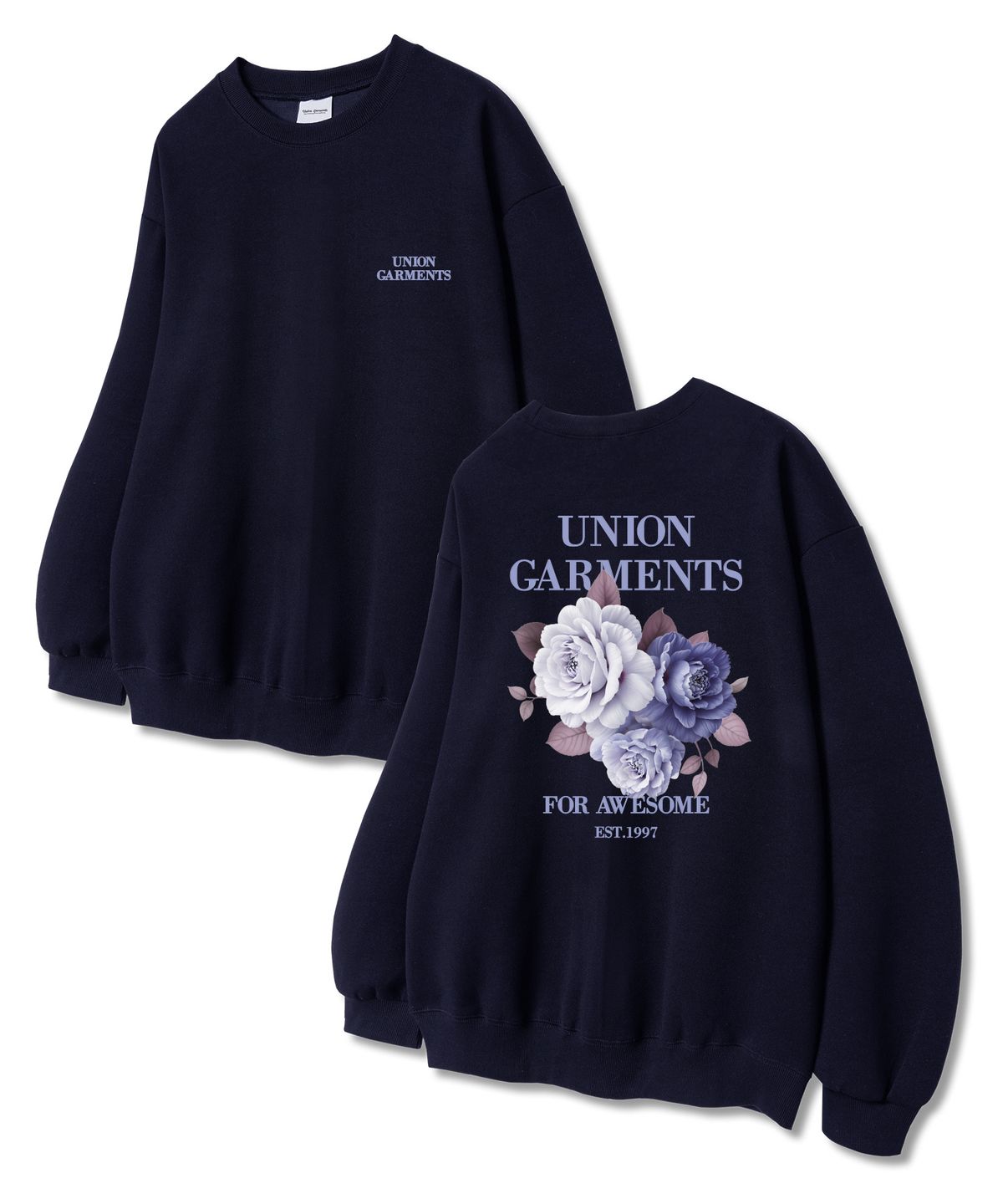 유니온가먼츠(UNION GARMENTS) 플라워먼츠 쭈리 맨투맨 티셔츠 네이비