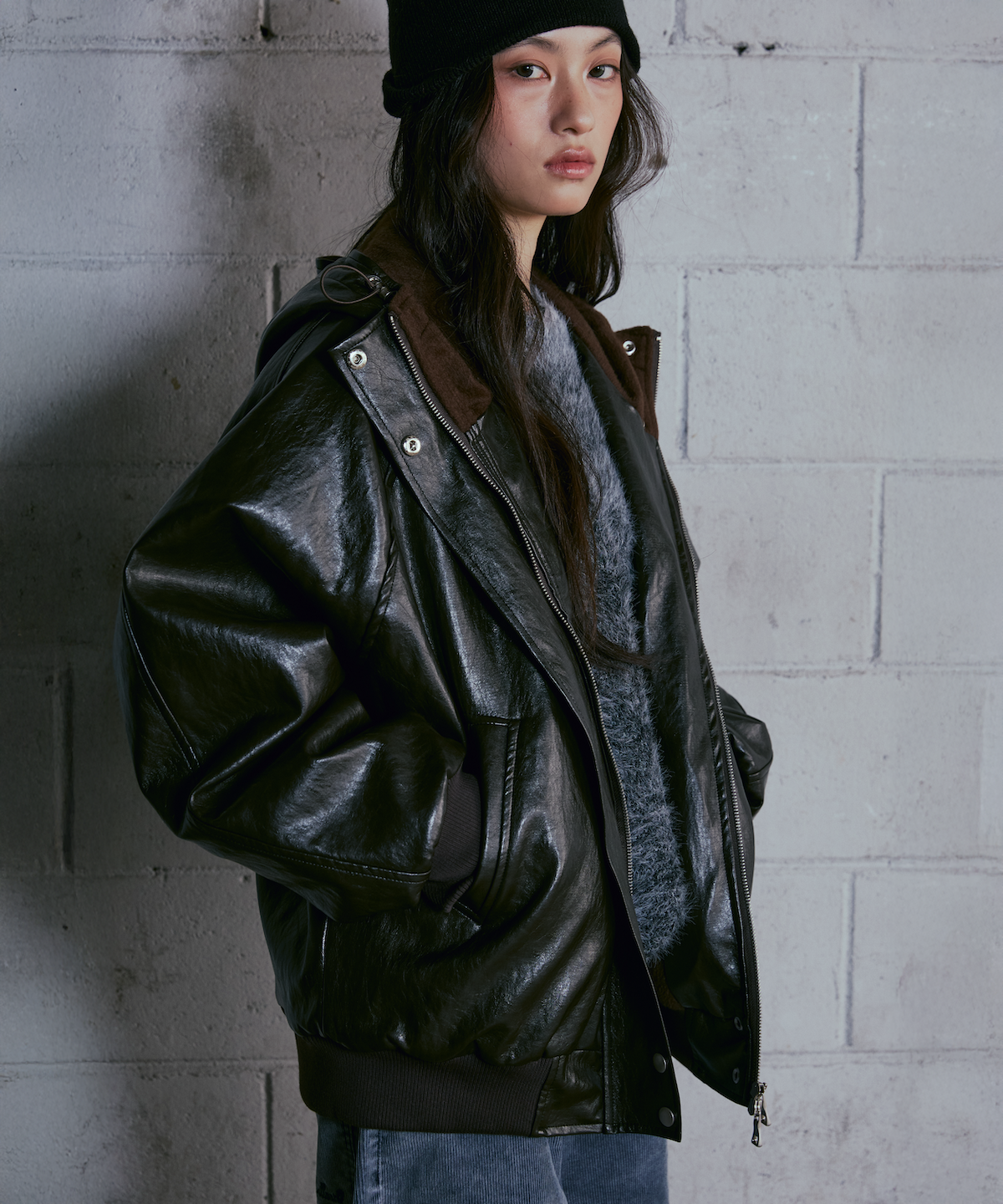 콜아웃뉴이어(CONY) FLEECE LEATHER HOOD BLOUSON JUMPER / BROWN