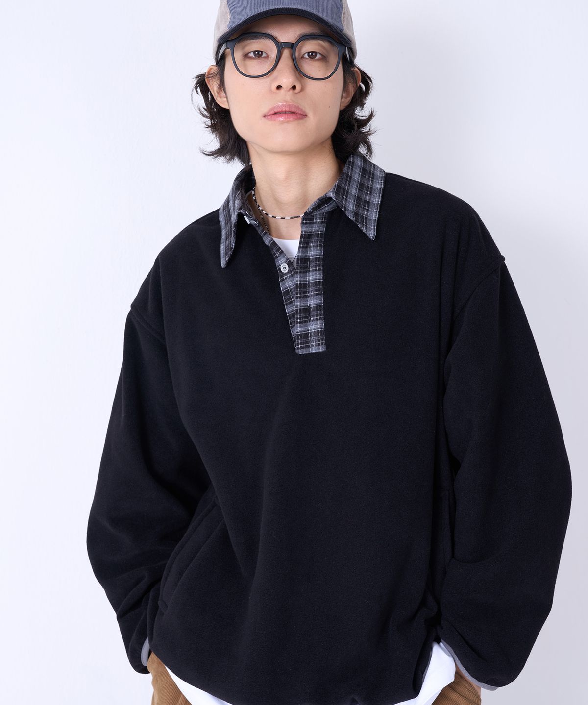 고스트릿(GOSTREET) 오버핏 체크 카라 플리스 셔츠 아노락 블랙