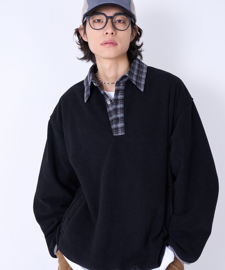 오버핏 체크 카라 플리스 셔츠 아노락 블랙