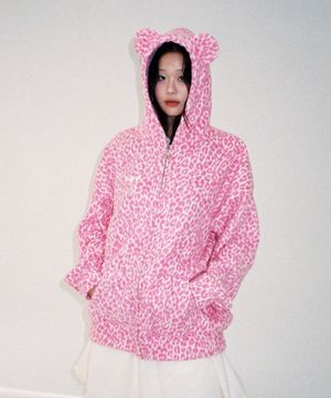 테디 레오파드 후드 집업 - 핑크