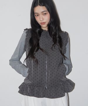 밑단 프릴 포인트 도트 레이어드 후드 집업 베스트 [차콜]