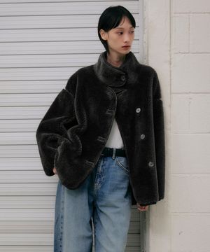 리얼 양털 오버핏 라인 무스탕 자켓 [차콜]