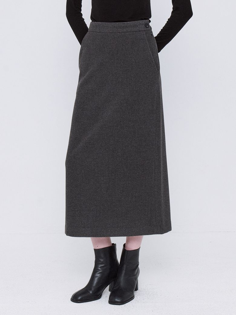 Basic Wool Tencel Long Skirt - Charcoal