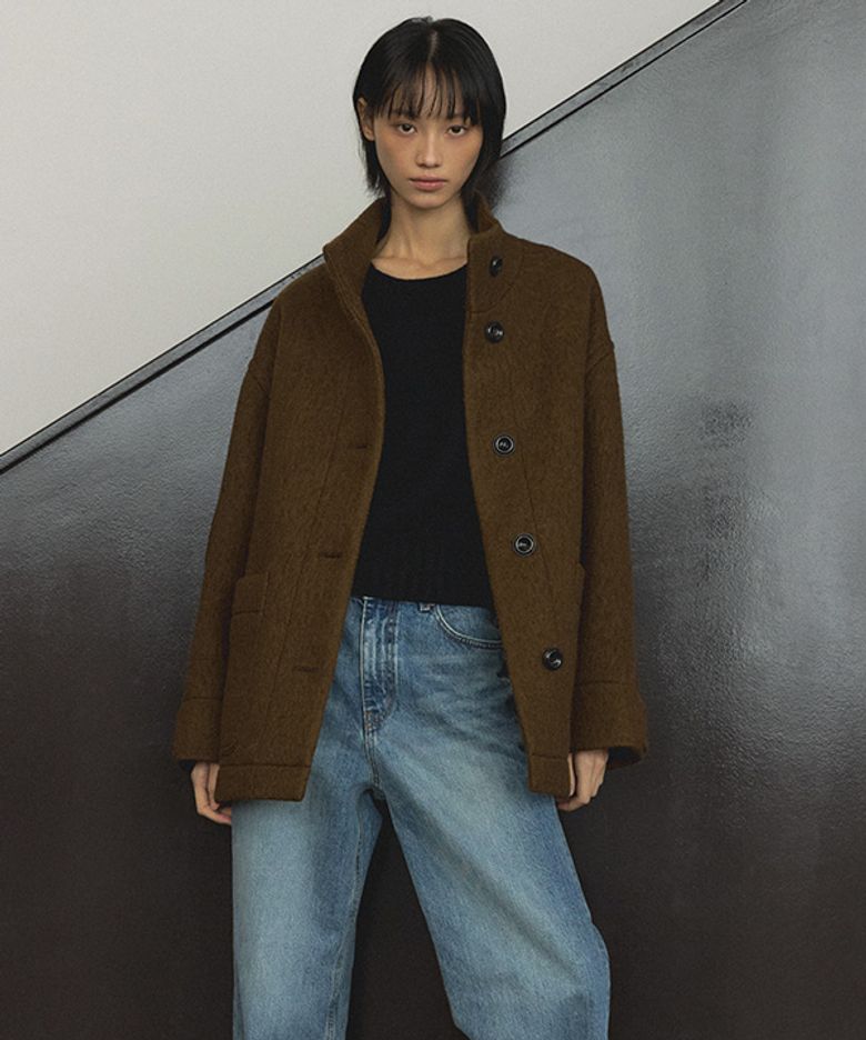 alpaca high-neck half coat-khaki brown