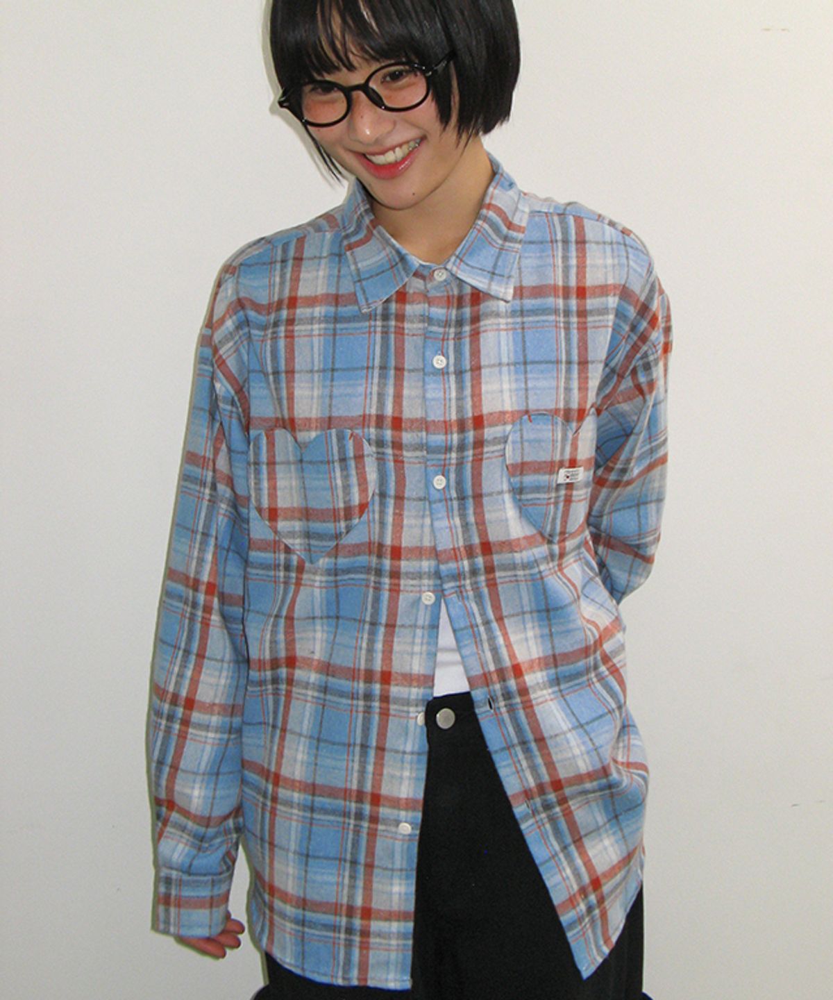 론론(RONRON) DOUBLE HEART POCKET CHECK SHIRT BLUE