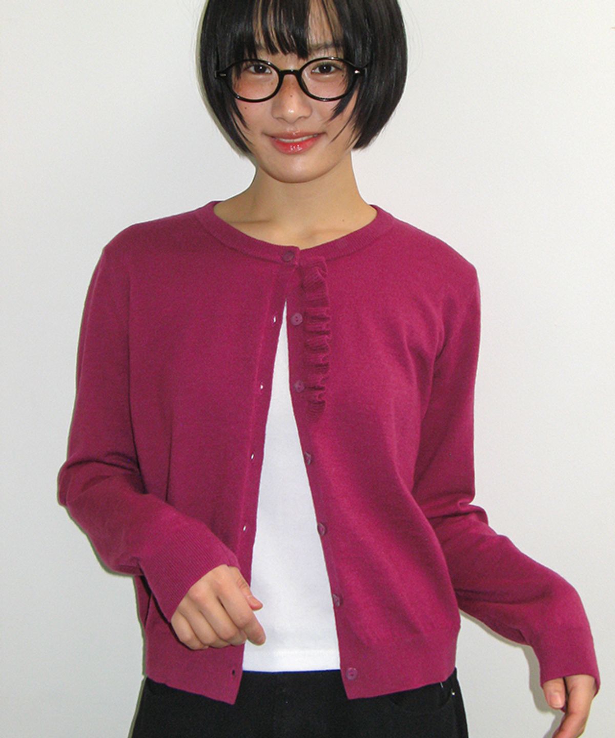 론론(RONRON) FRILL BUTTON KNIT CARDIGAN PURPLE