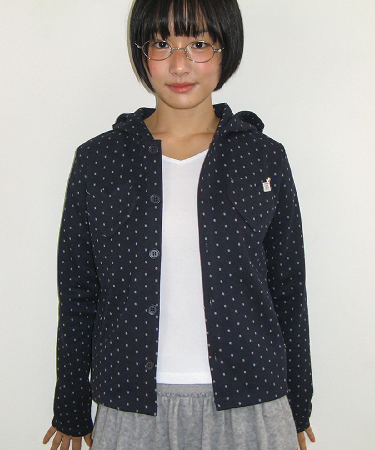 론론(RONRON) HEART POCKET DOT HOODED CARDIGAN NAVY
