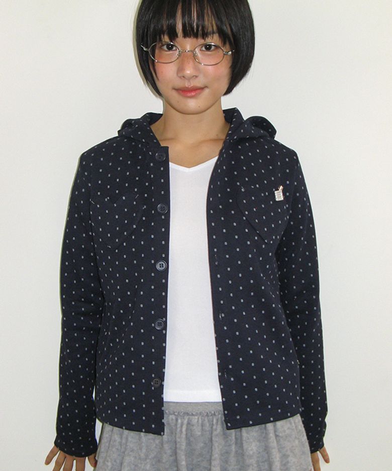 HEART POCKET DOT HOODED CARDIGAN NAVY