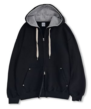 D14 (기모)  후드 배색 베이직 투웨이 후드집업_블랙