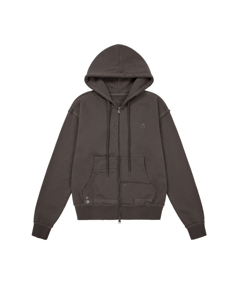 Eyelet Damaged Zip-Up Hoodie (Brown)