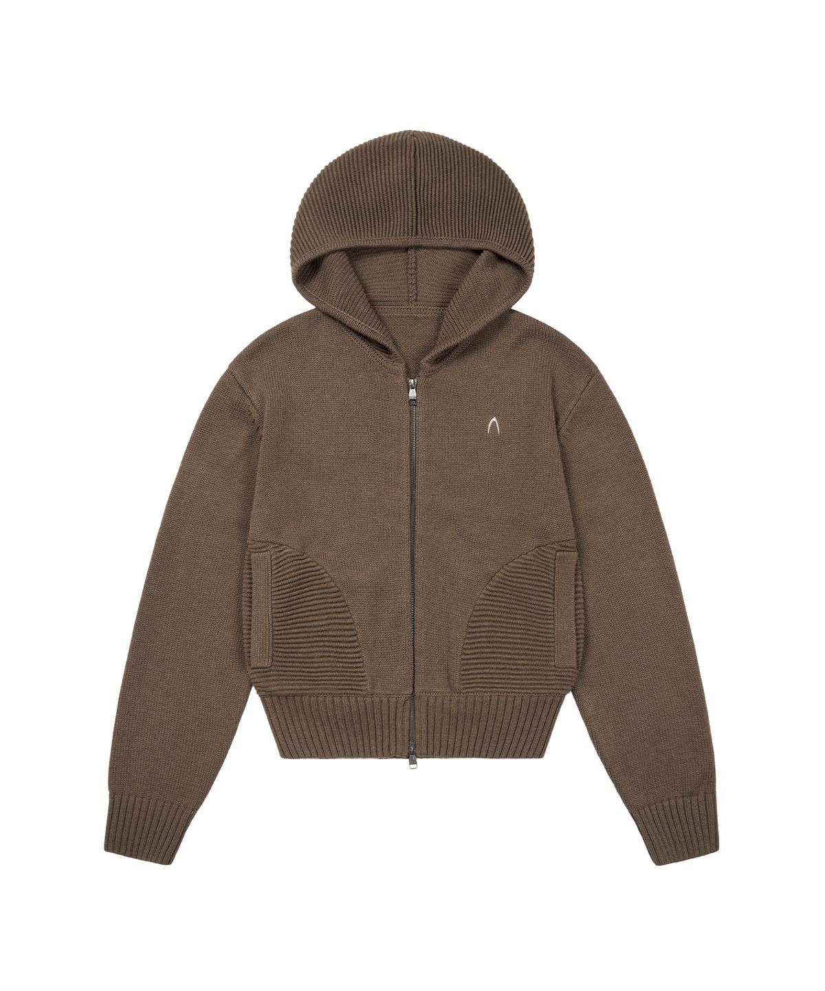 아캄(AAKAM) Structure Contrast Knitted Zip-Up Hoodie (Brown)