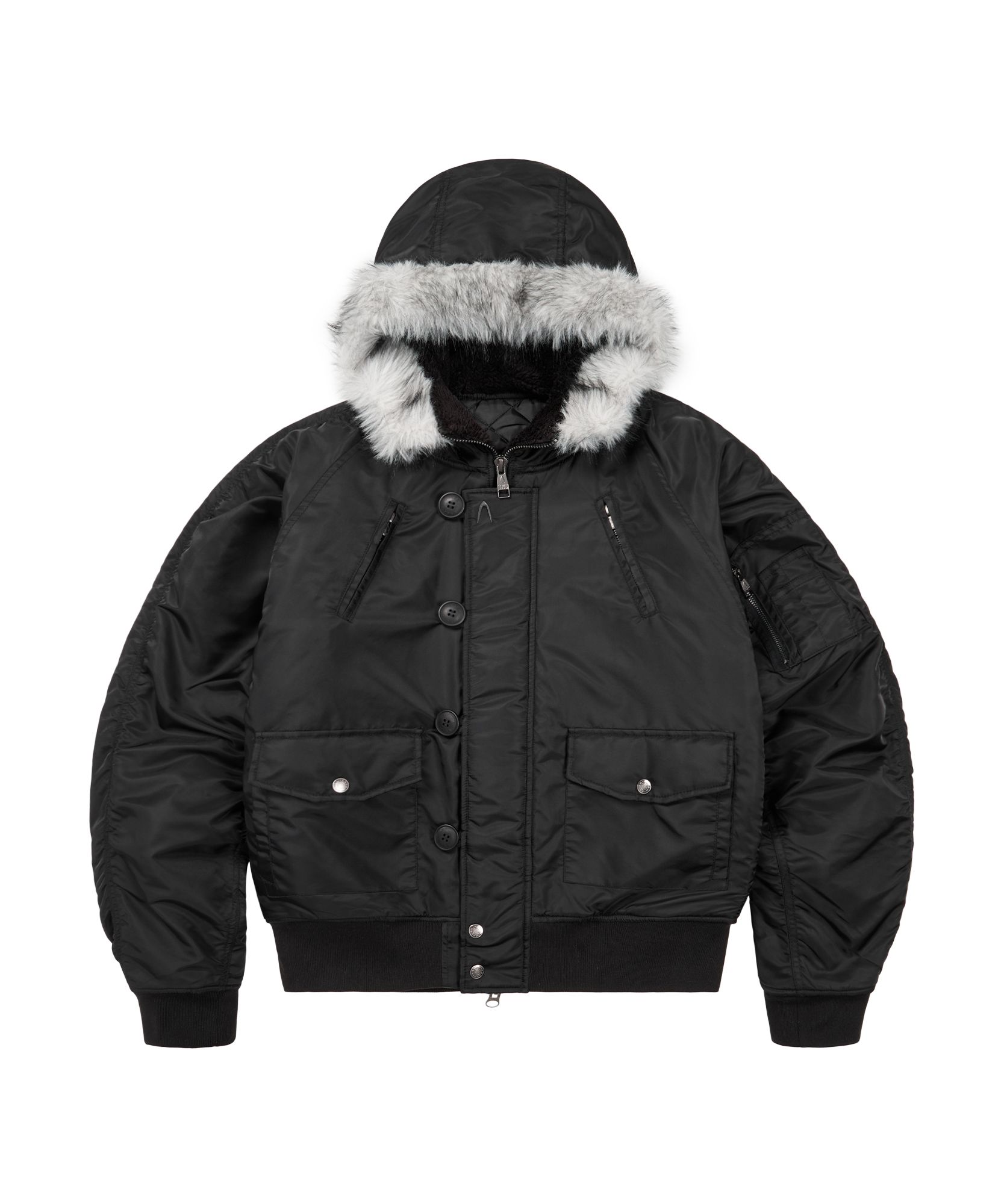 MUSINSA公式 | AAKAM Hooded Fur MA-1 Jacket (Black)