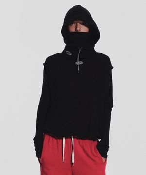Wool High Neck Waffle Hoodie_Black
