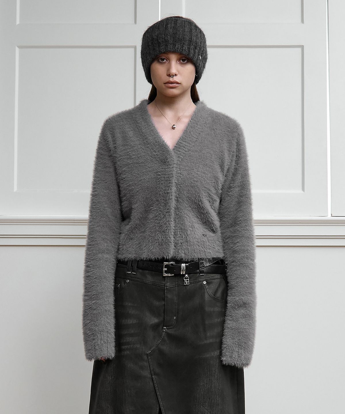 트리밍버드(TREEMINGBIRD) Crop Knit Cardigan [ Gray ]