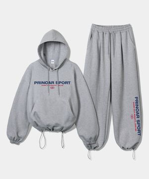 [SET] 스포츠 스트링 오버핏 후드 + 원턱 스트링 팬츠 - 멜란지