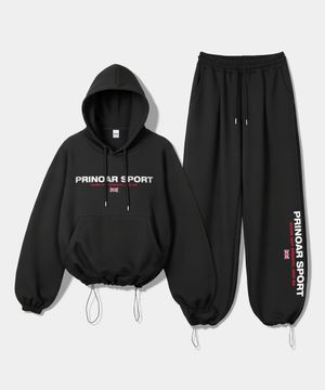 [SET] 스포츠 스트링 오버핏 후드 + 원턱 스트링 팬츠 - 블랙