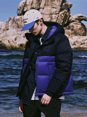 컬러 블록 하프 플라켓 다운 자켓 NAVY