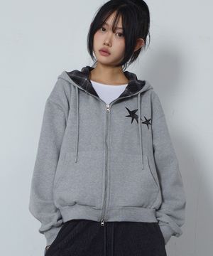 플란넬 체크 양기모 후드집업 멜란지