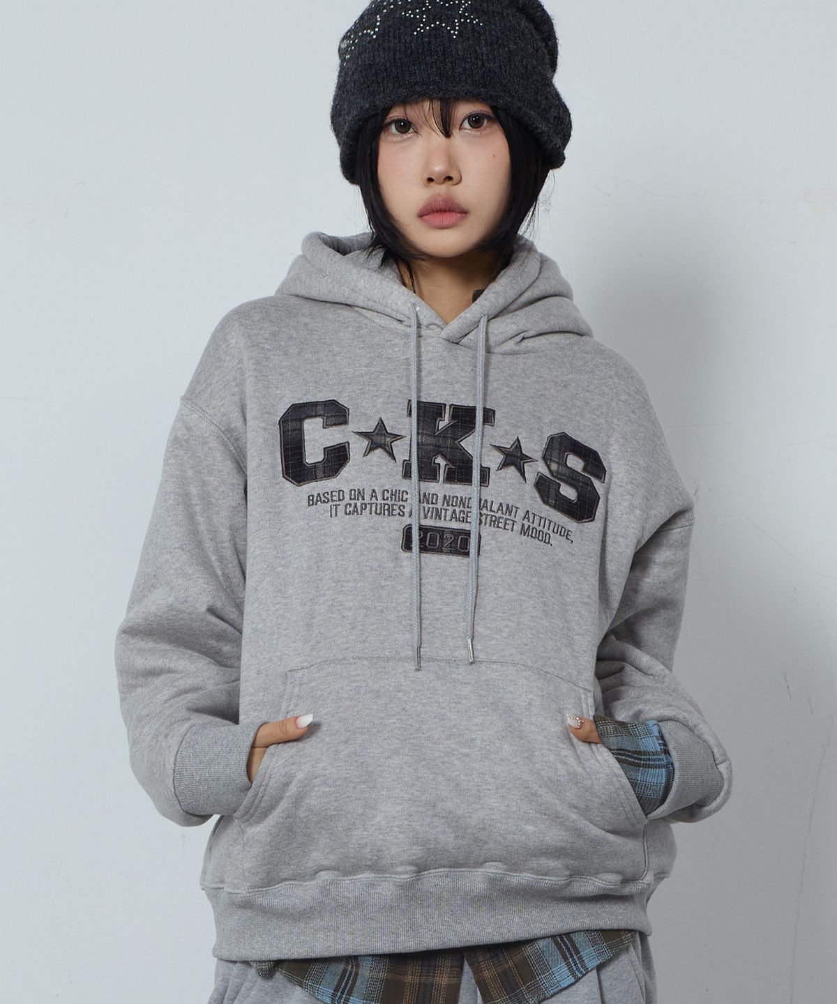 칙스(CHICKS) CKS 체크 양털 후드 멜란지