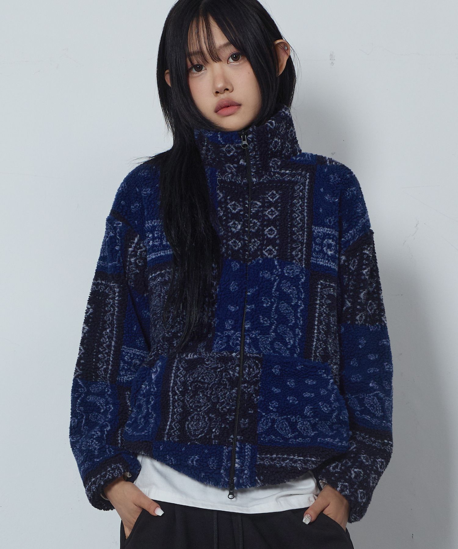 MUSINSA | CHICKS Paisley Dumble Fleece Heavy Zip-Up Navy