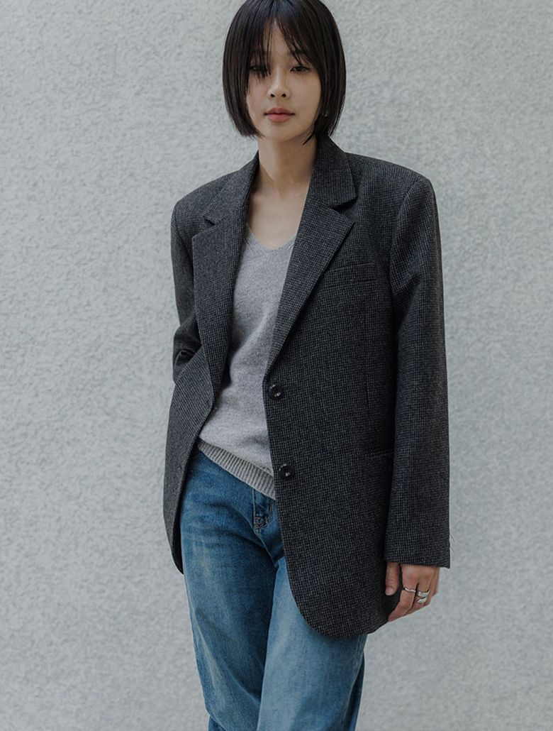 헤리티지 체크 오버핏 울자켓