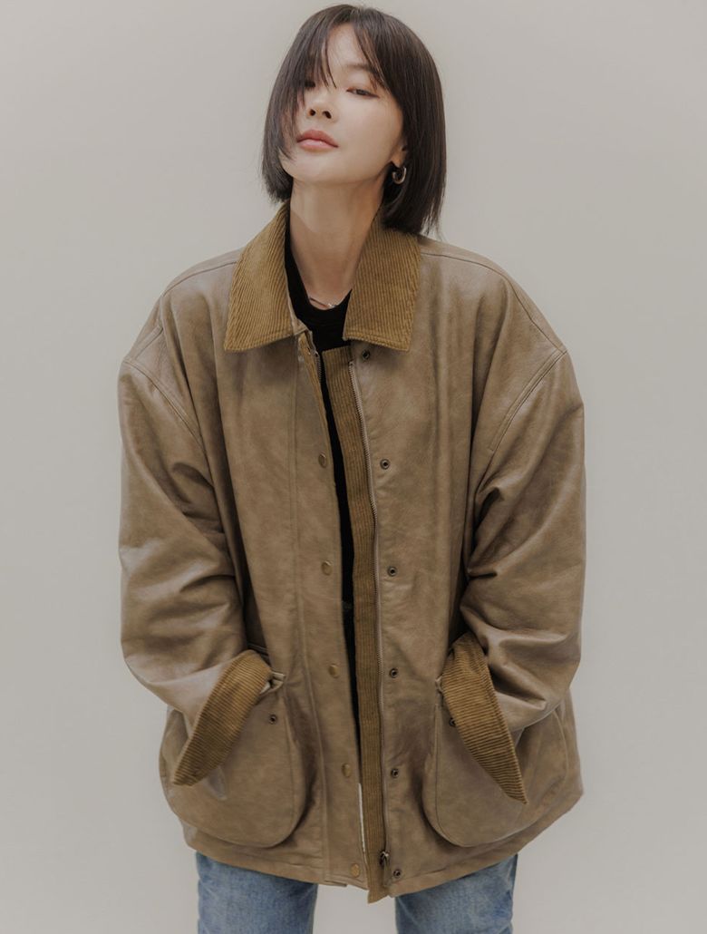 Monet Crack Leather Corduroy Jacket(올리브베이지)
