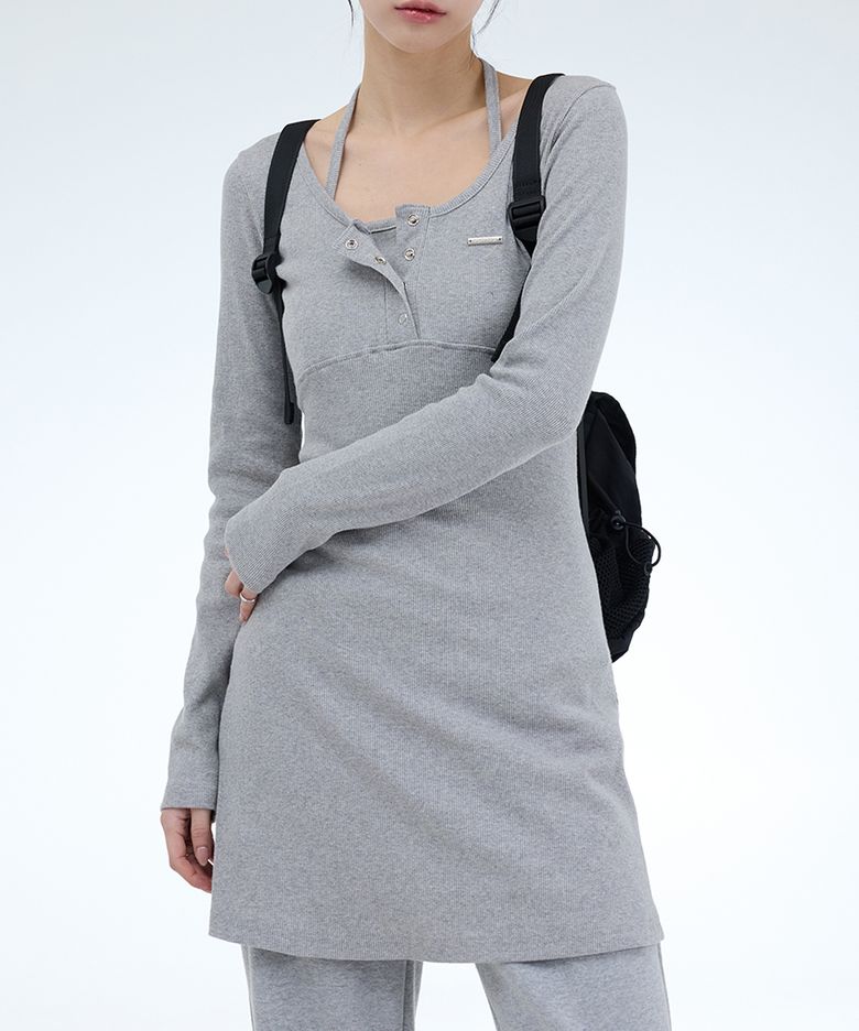 HALTER-NECK BUTTON LAYERED SHORT DRESS-2COLOR