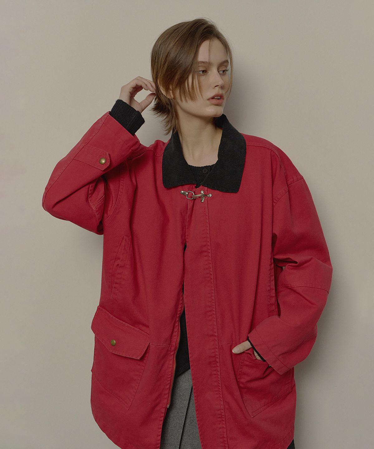 론크(LONQUE) COTTON HALF WORK JACKET (RED)