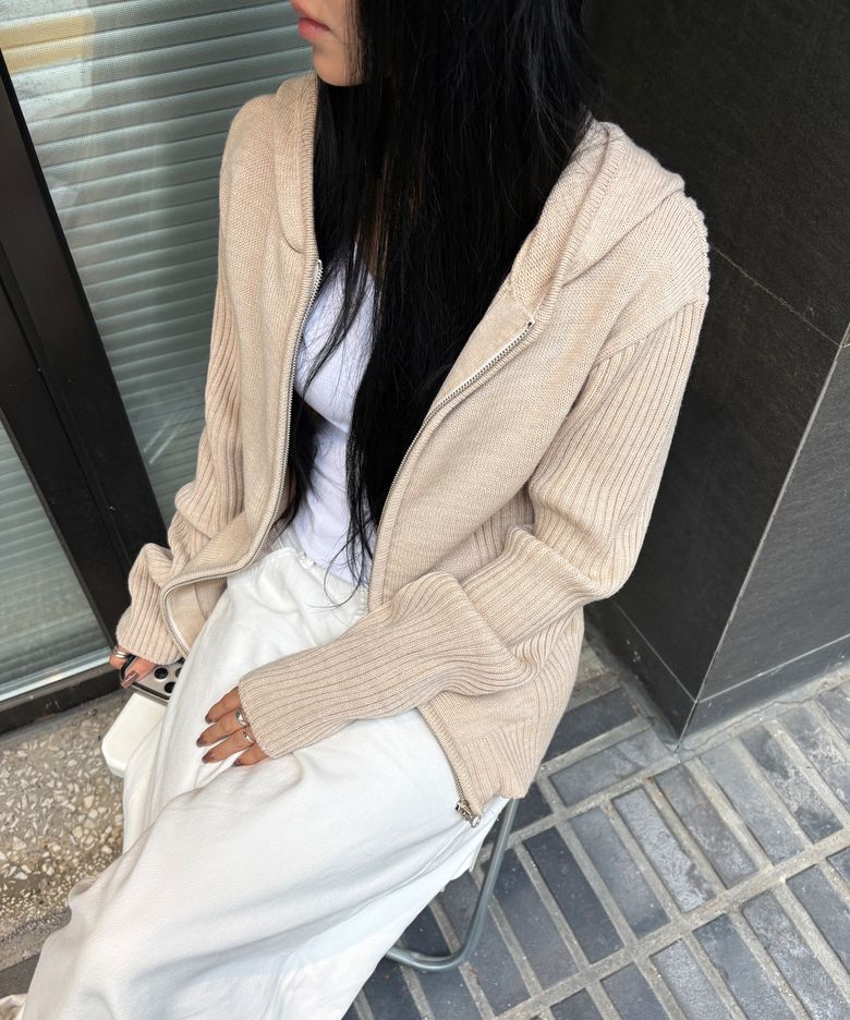 MIX RIBBED KNIT HOODIE ZIP-UP-3COLOR