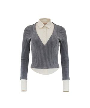 LAYERED V NECK KNIT SHIRTS BEIGE /GRAY