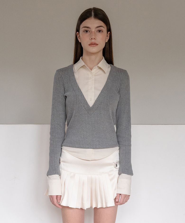 LAYERED V NECK KNIT SHIRTS BEIGE /GRAY