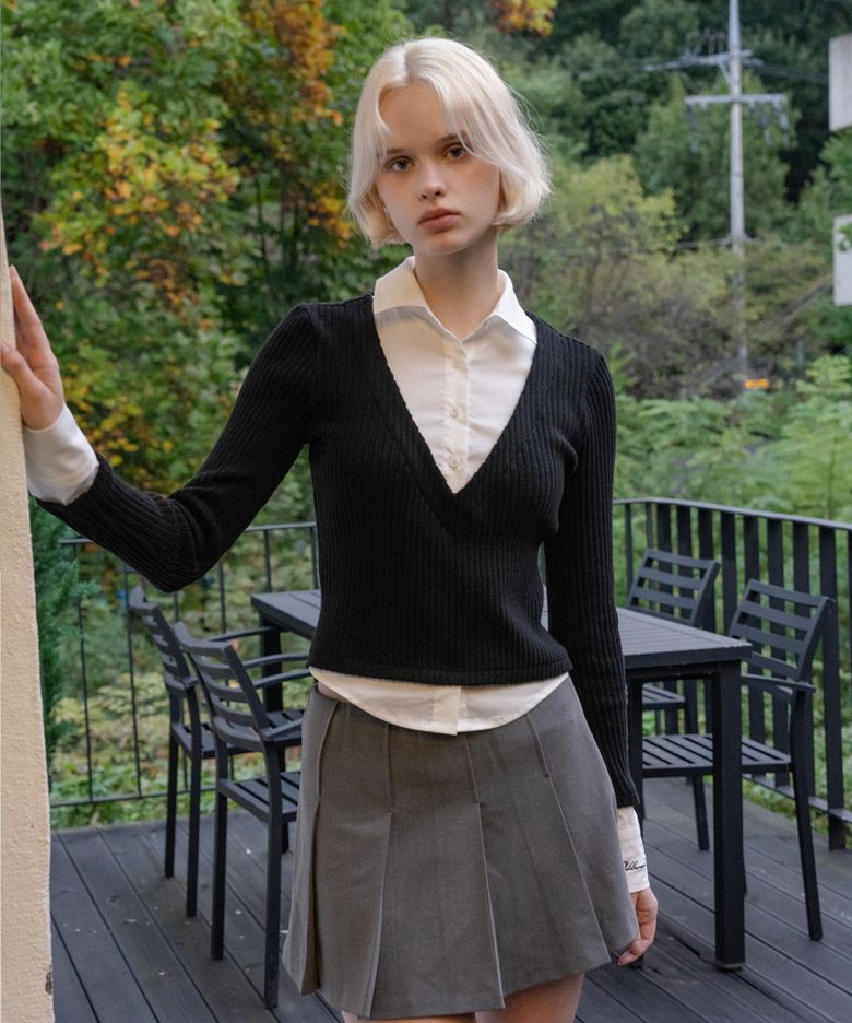LAYERED V NECK KNIT SHIRTS WHITE/BLACK