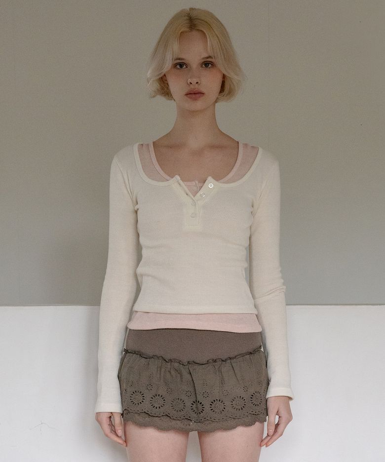 BUTTON MELANGE KNIT TOP IVORY