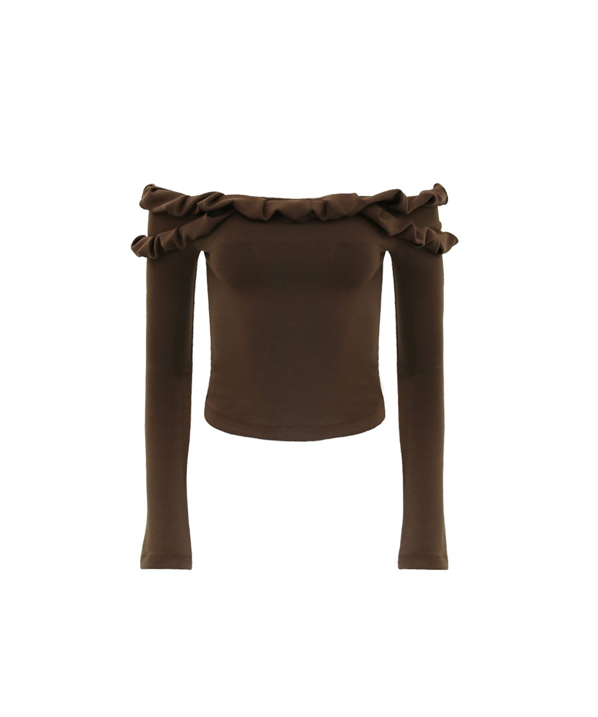 오드원아웃(ODDONEOUT) TWIST FRILL OFF-SHOULDER TOP BROWN