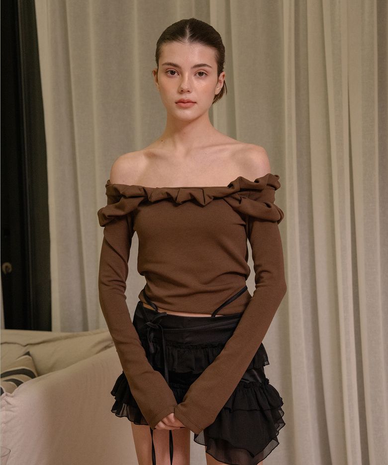 TWIST FRILL OFF-SHOULDER TOP BROWN
