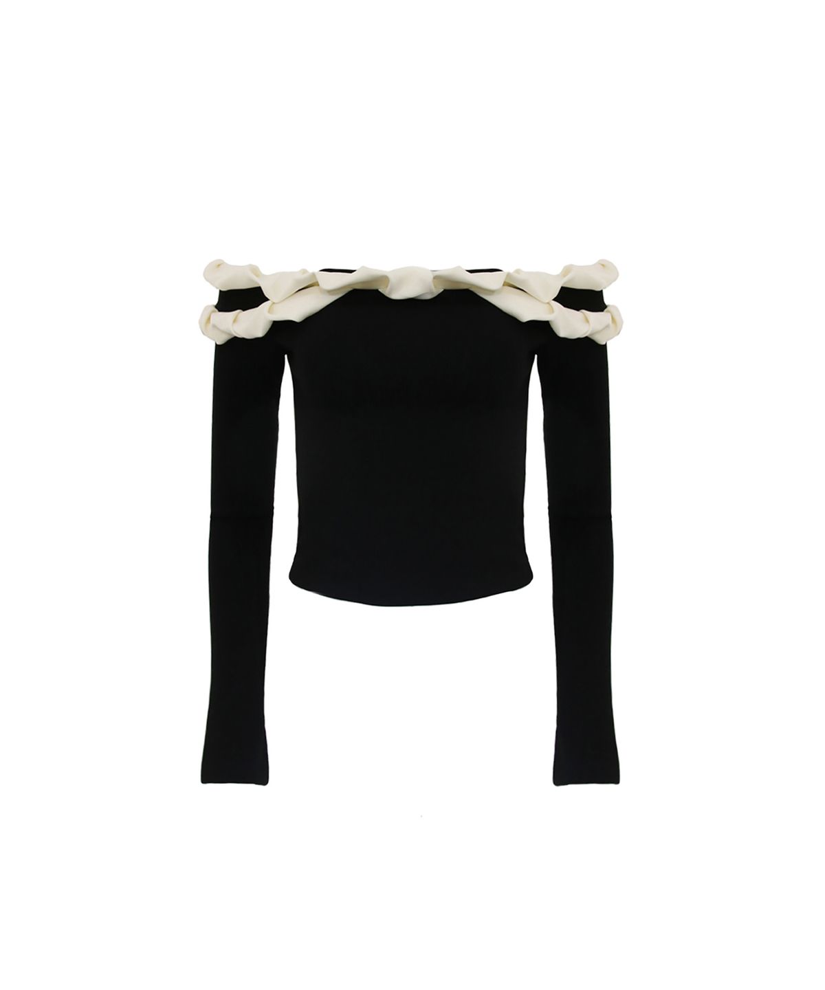 오드원아웃(ODDONEOUT) TWIST FRILL OFF-SHOULDER TOP IVORY-BLACK