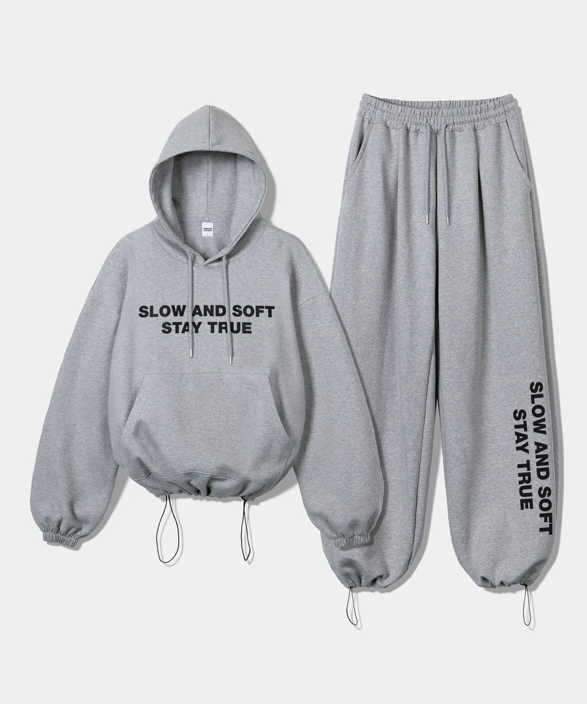 프리노어(PRINOAR) [SET] 슬로우 앤드 소프트 스트링 오버핏 후드 + 원턱 스트링 팬츠 - 멜란지