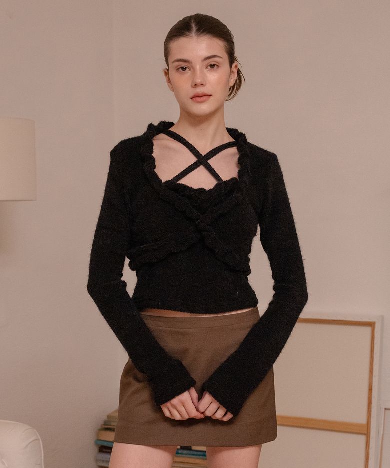 TWIST FRILL TERRY CARDIGAN BLACK