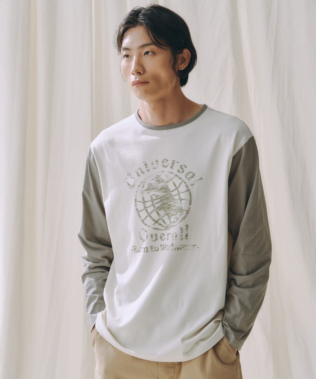 유니버셜 오버롤(UNIVERSAL OVERALL) COLOR BLOCK LONG SLEEVE T-SHIRT IVORY