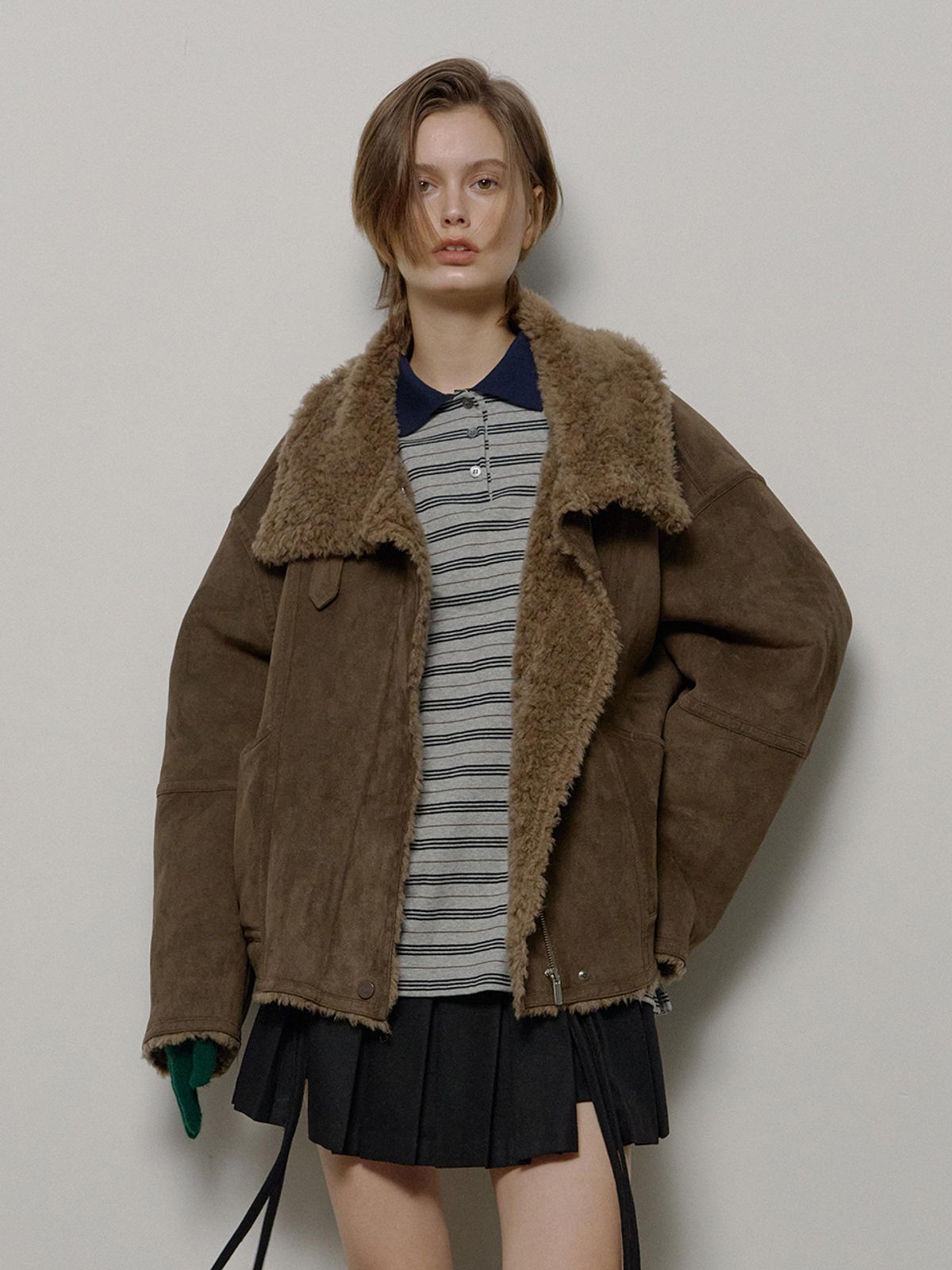 론크(LONQUE) SHEARING MUSTANG JACKET (BROWN)