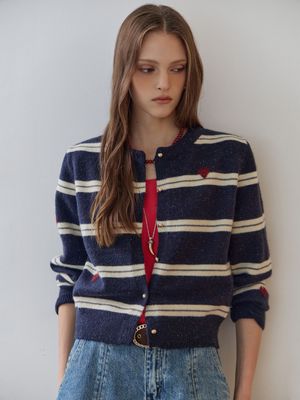 하트 스트라이프 펄 니트 가디건