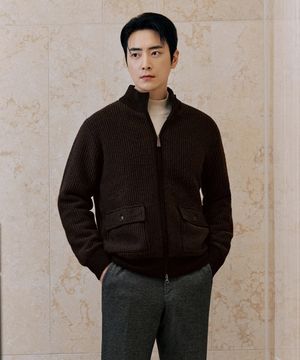 25FW 울 블렌드 윈드프루프 니트 집업 브라운