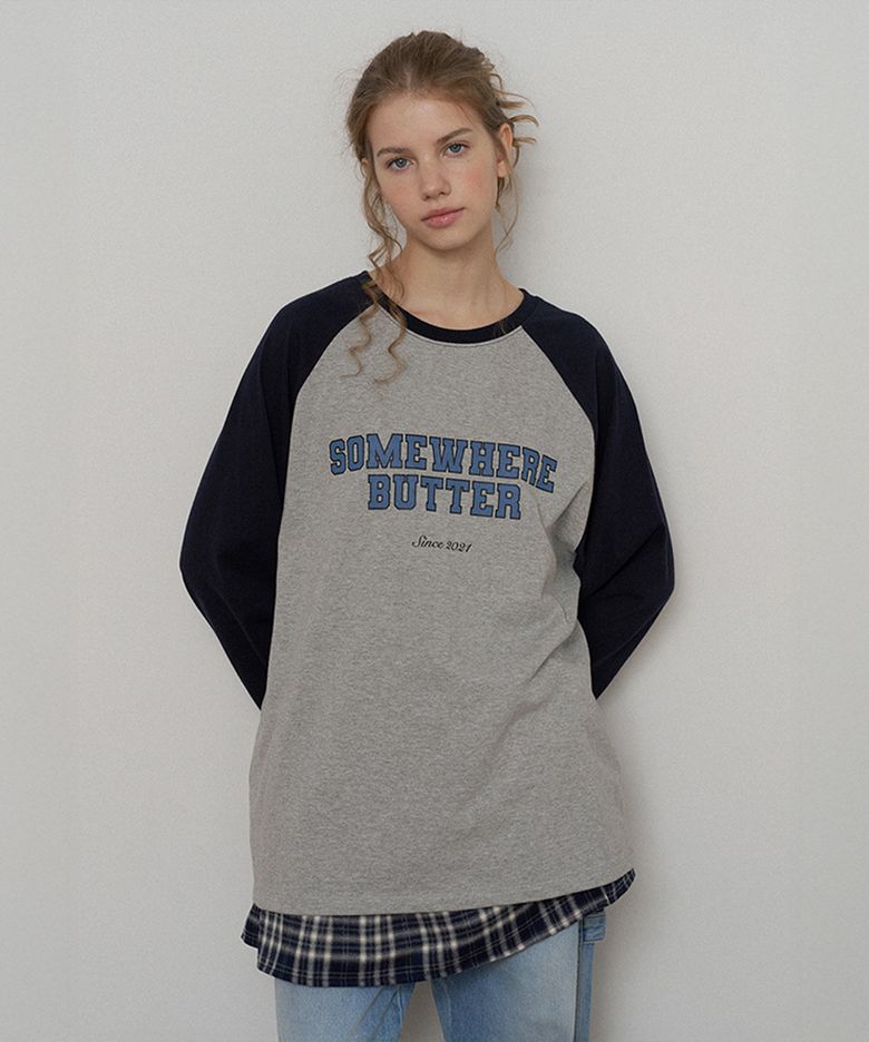 Raglan Campus Logo Long Top - Grey(Navy)