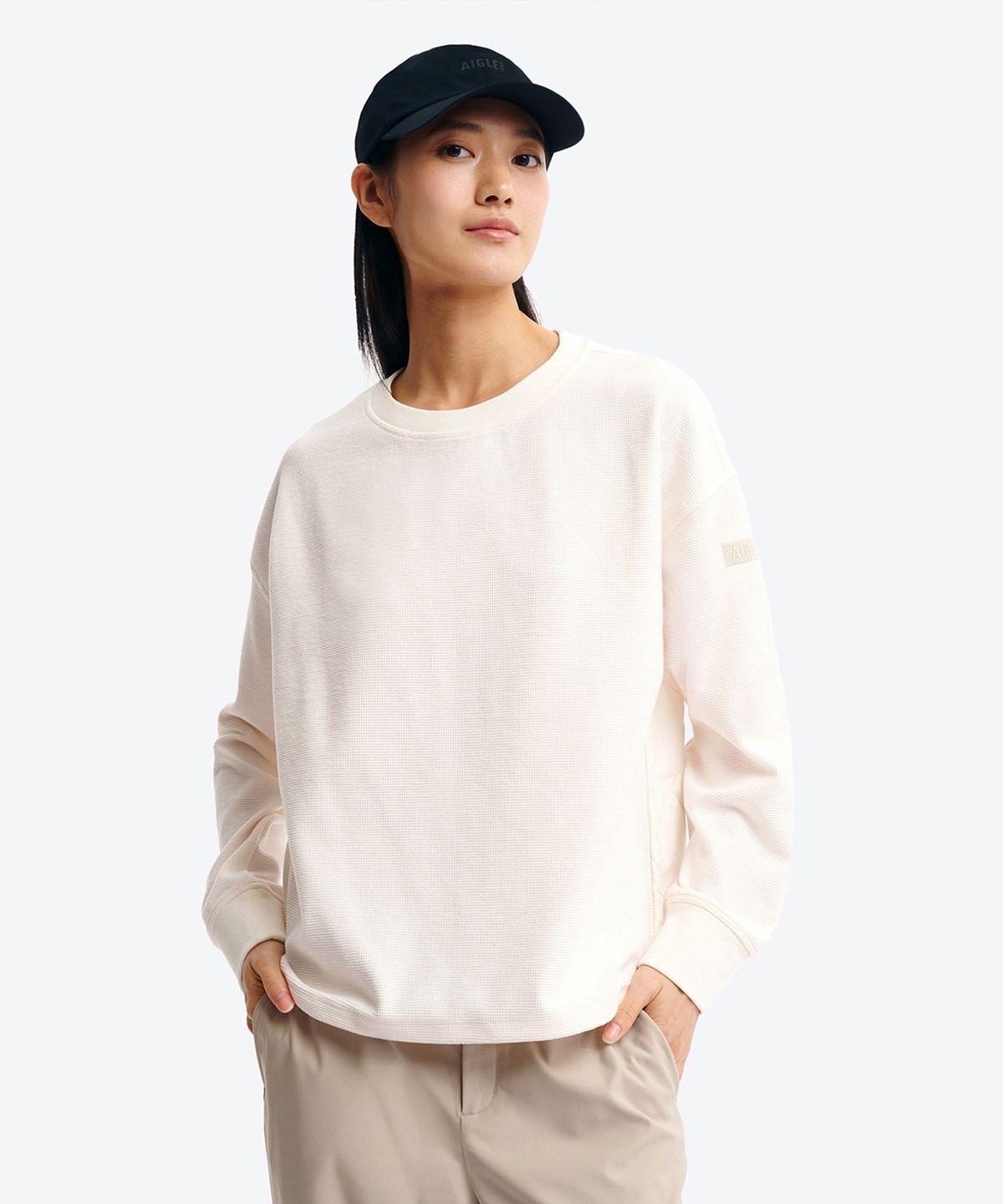 에이글(Aigle) 여성 크루넥 와플 니트 플리스 풀오버 AAW25WFLE003LAI