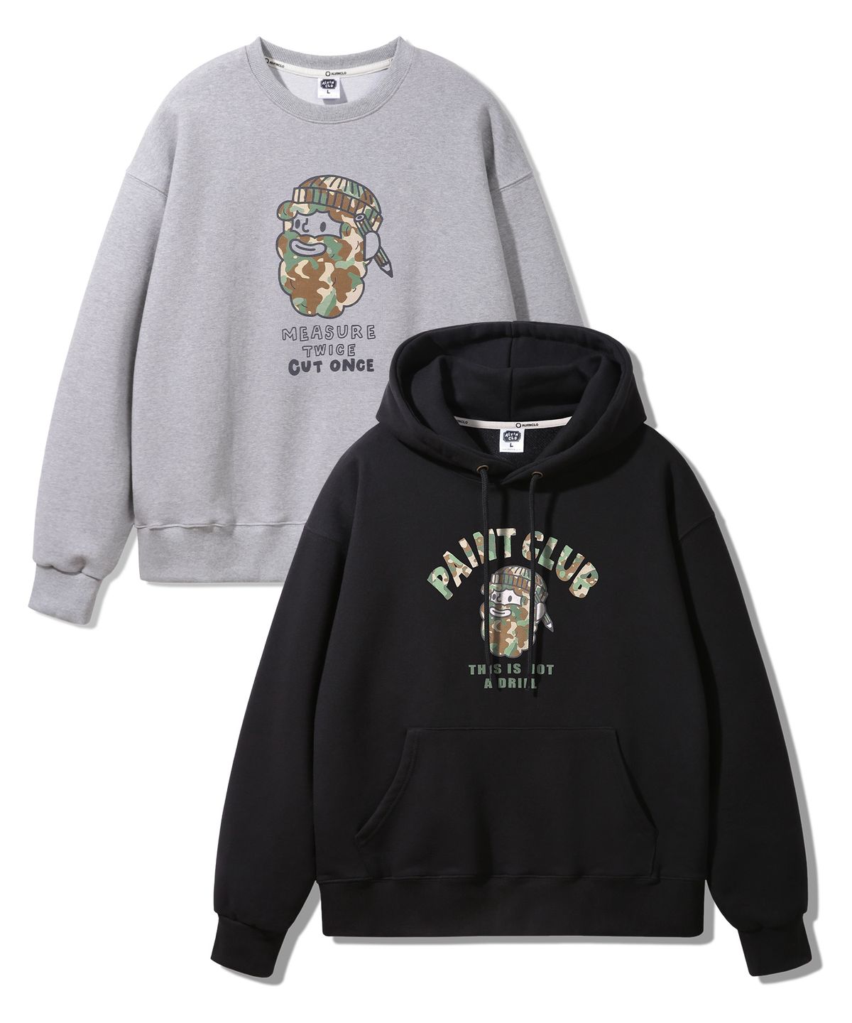 앨빈클로(ALVINCLO) [2PACK] CAMO PAINT CLUP 오버핏 맨투맨 후드티 2종 패키지