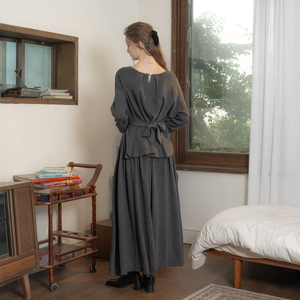 프라우드 마리(PROUD MARY) PM_Tie-strap knit top and skirt two-piece set_CHARCOAL